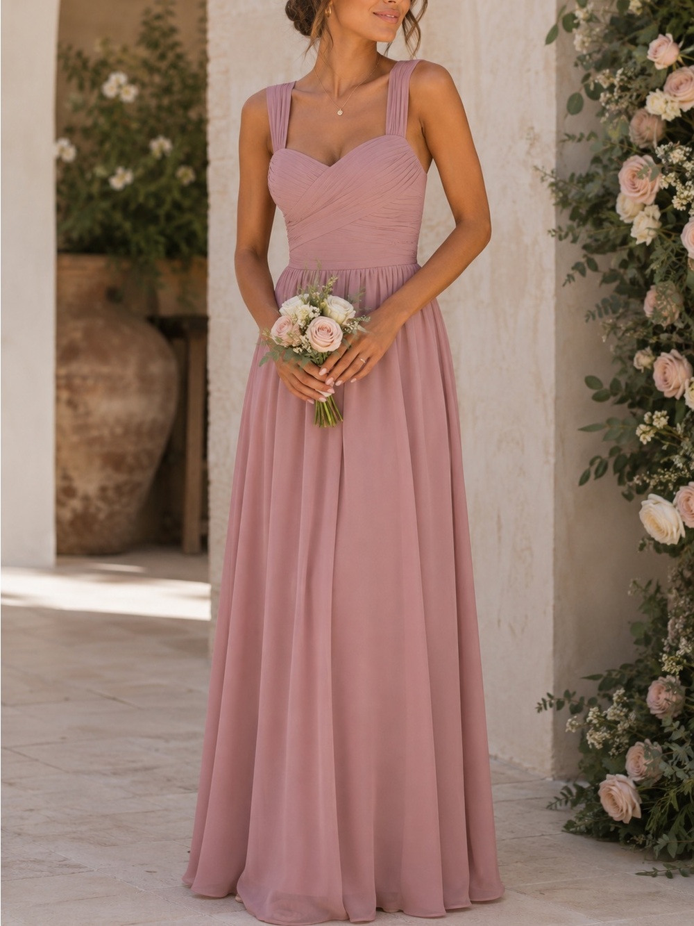 Azazie Zapheira Dusty Rose Pink A-Line Ruched Chiffon Dress Bridesmaid 8